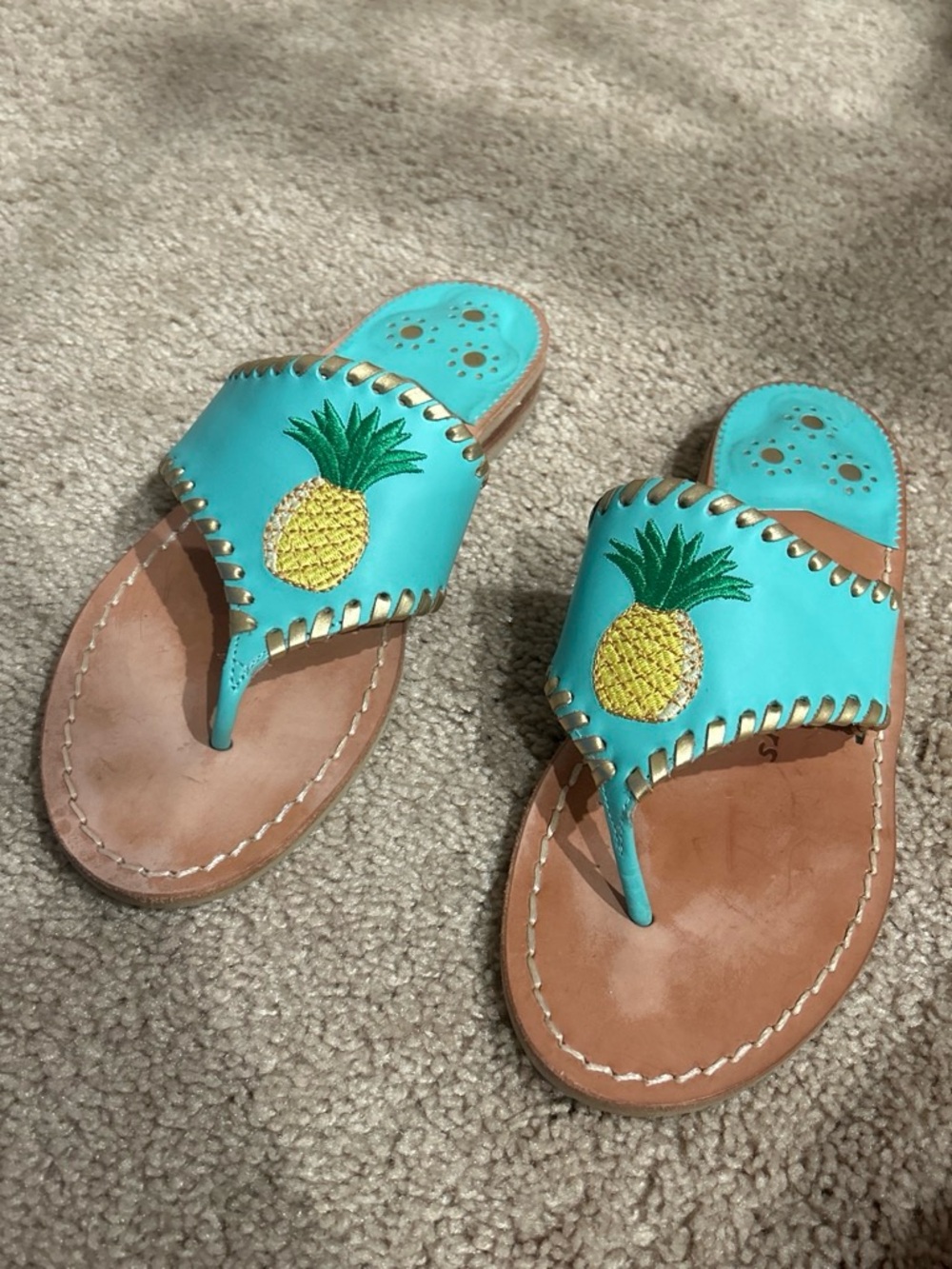 Jack Rogers Turquoise Pineapple Leather Thong Sandals